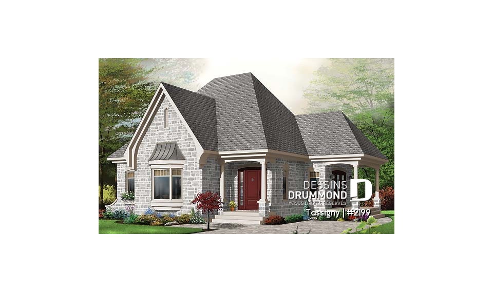 Vue avant - MODÈLE DE BASE - Petit bungalow style manoir conçu pour baby-boomer, une seule chambre et terrasse couverte - Tassigny