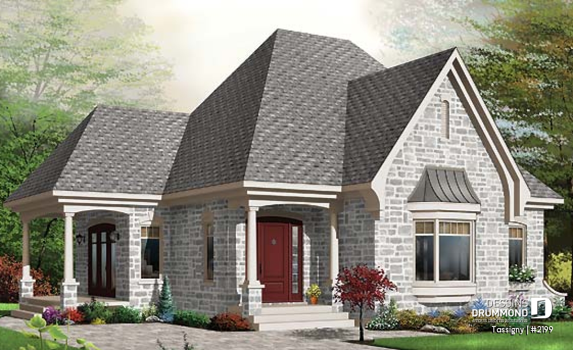 Vue avant - MODÈLE DE BASE - Petit bungalow style manoir conçu pour baby-boomer, une seule chambre et terrasse couverte - Tassigny
