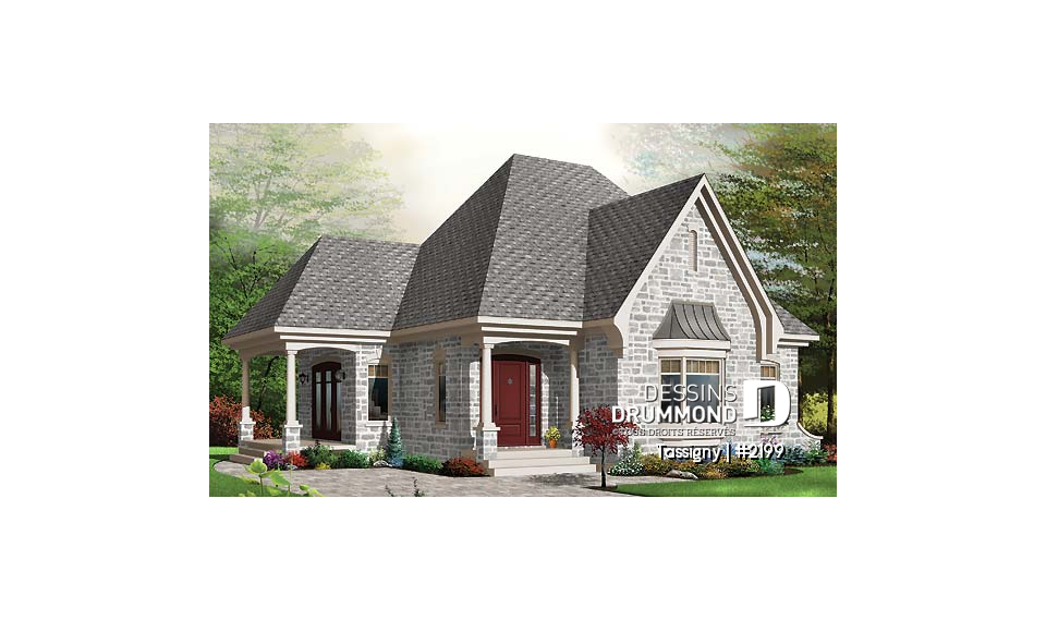 Vue avant - MODÈLE DE BASE - Petit bungalow style manoir conçu pour baby-boomer, une seule chambre et terrasse couverte - Tassigny