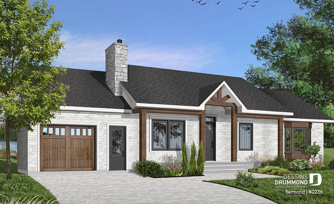 Version couleur no. 1 - Vue avant - Plan d'un grand bungalow avec garage, 3 chambres, belle cuisine avec îlot, foyer au salon, buanderie - Bermond