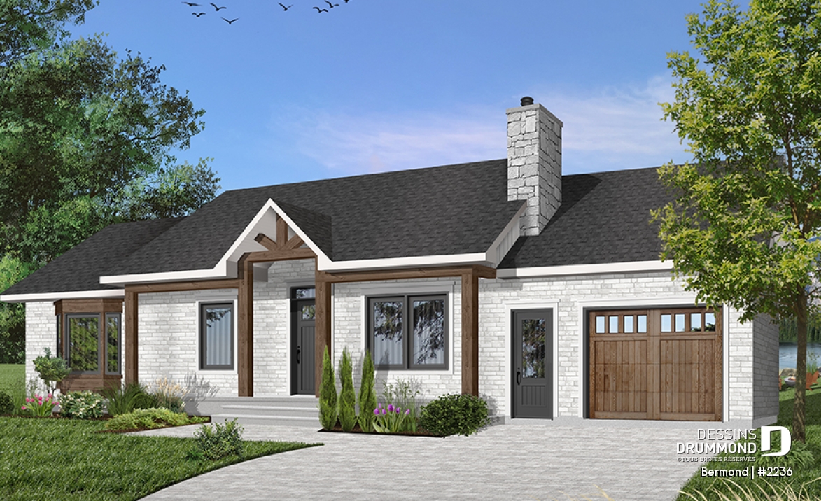 Version couleur no. 1 - Vue avant - Plan d'un grand bungalow avec garage, 3 chambres, belle cuisine avec îlot, foyer au salon, buanderie - Bermond