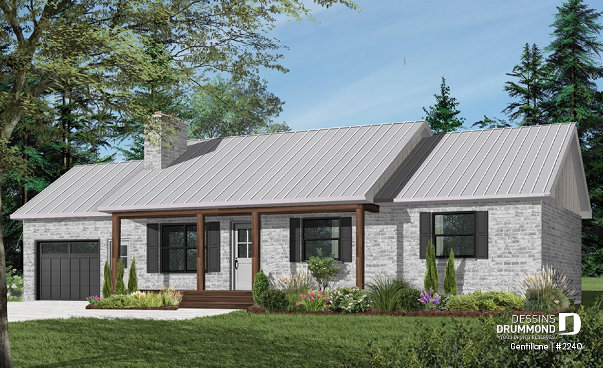 Version couleur no. 2 - Vue avant - Plain-pied de 3 chambres avec garage, espace à aire ouverte, îlot à la cuisine et foyer au salon - Gentillane