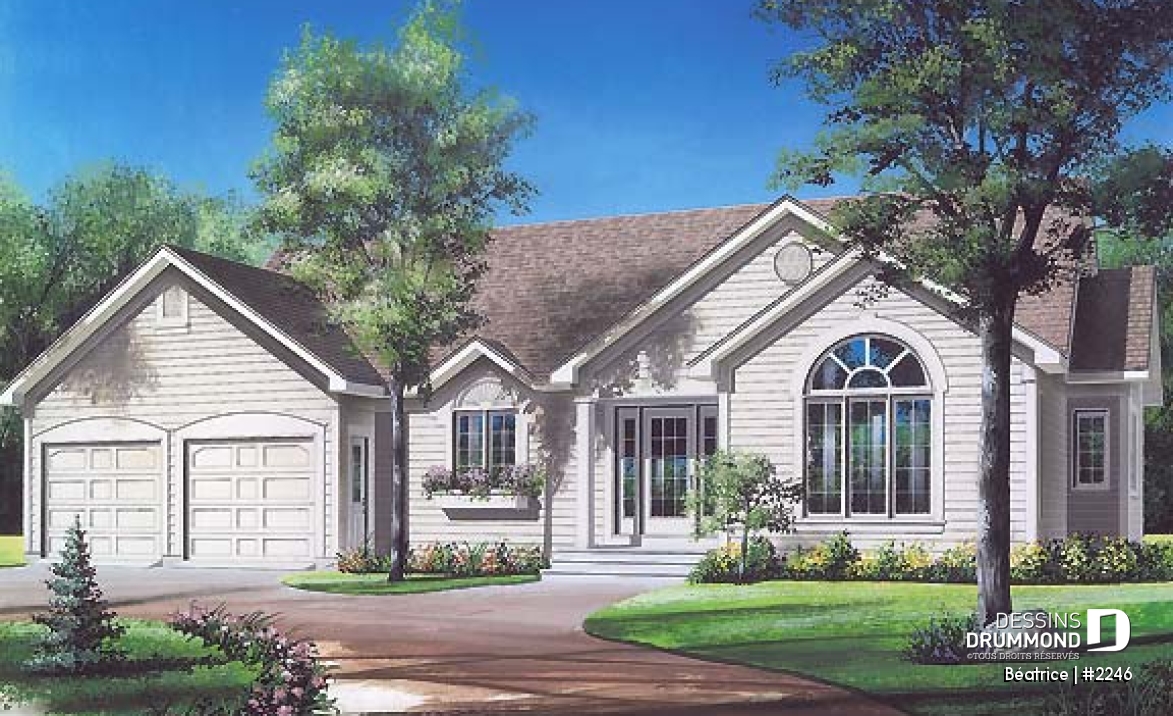 Vue avant - MODÈLE DE BASE - Plan de grand plain-pied 3 chambres, garage double, grande cuisine, cathédrale au salon - Béatrice