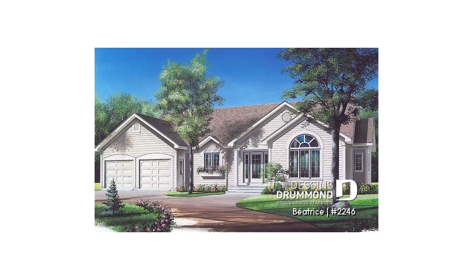 Vue avant - MODÈLE DE BASE - Plan de grand plain-pied 3 chambres, garage double, grande cuisine, cathédrale au salon - Béatrice