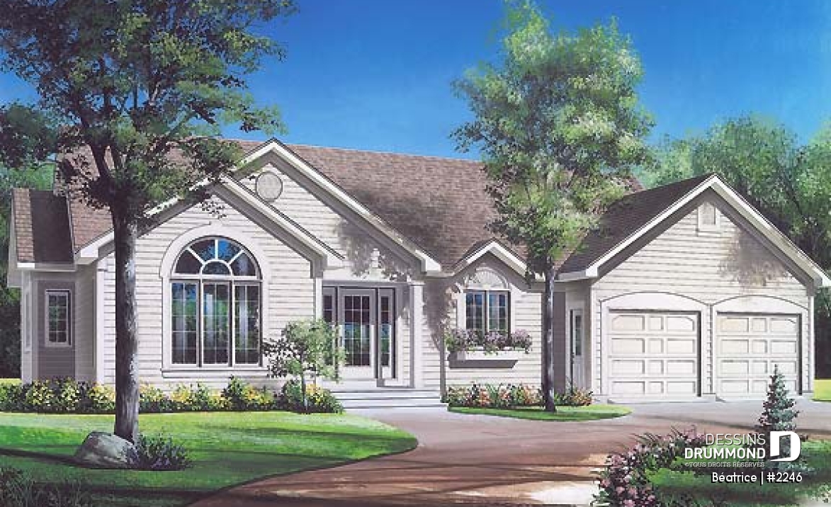 Vue avant - MODÈLE DE BASE - Plan de grand plain-pied 3 chambres, garage double, grande cuisine, cathédrale au salon - Béatrice