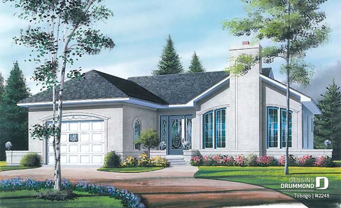 Vue avant - MODÈLE DE BASE - Plan de style américain, 2 chambres, foyer au salon, grande cuisine, éviers doubles à la salle de bain, garage - Tobago