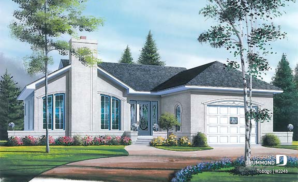 Vue avant - MODÈLE DE BASE - Plan de style américain, 2 chambres, foyer au salon, grande cuisine, éviers doubles à la salle de bain, garage - Tobago