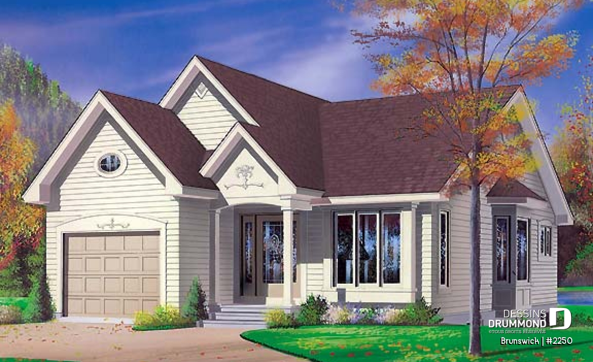 Vue avant - MODÈLE DE BASE - Plan de petit plain-pied avec garage simple, 2 chambres, belle lumière à la salle à manger - Brunswick