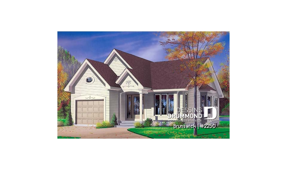 Vue avant - MODÈLE DE BASE - Plan de petit plain-pied avec garage simple, 2 chambres, belle lumière à la salle à manger - Brunswick