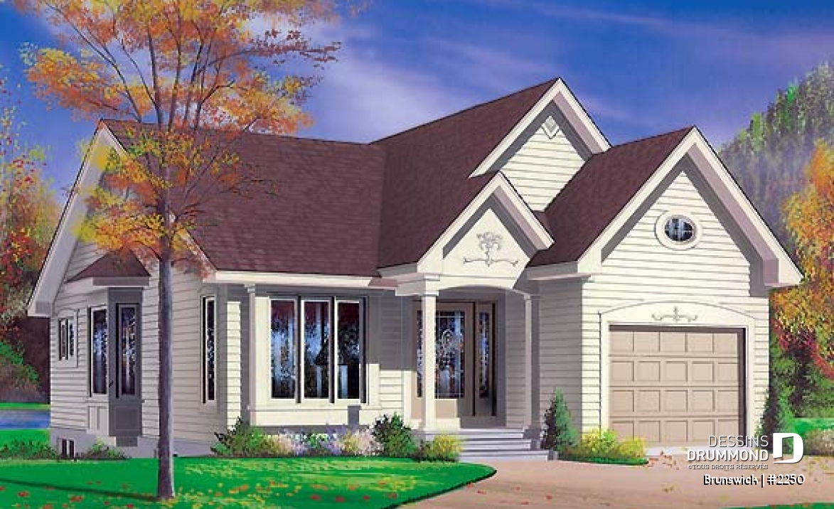 Vue avant - MODÈLE DE BASE - Plan de petit plain-pied avec garage simple, 2 chambres, belle lumière à la salle à manger - Brunswick