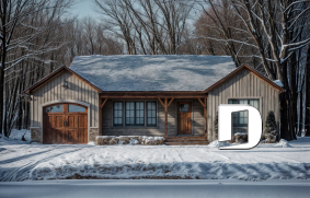 Vue avant - MODÈLE DE BASE - Plan de maison avec 2 grandes chambres, aire ouverte, cuisine avec îlot, garage, galerie abritée - Koa