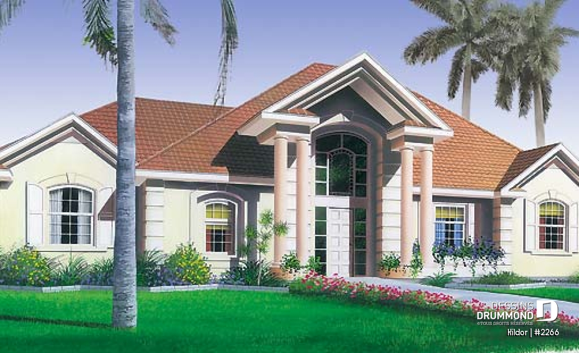 Vue avant - MODÈLE DE BASE - Modèle de plain-pied avec 3 chambres, garage double, à aire ouverte, guanderie, grande chambre des parents - Kildor