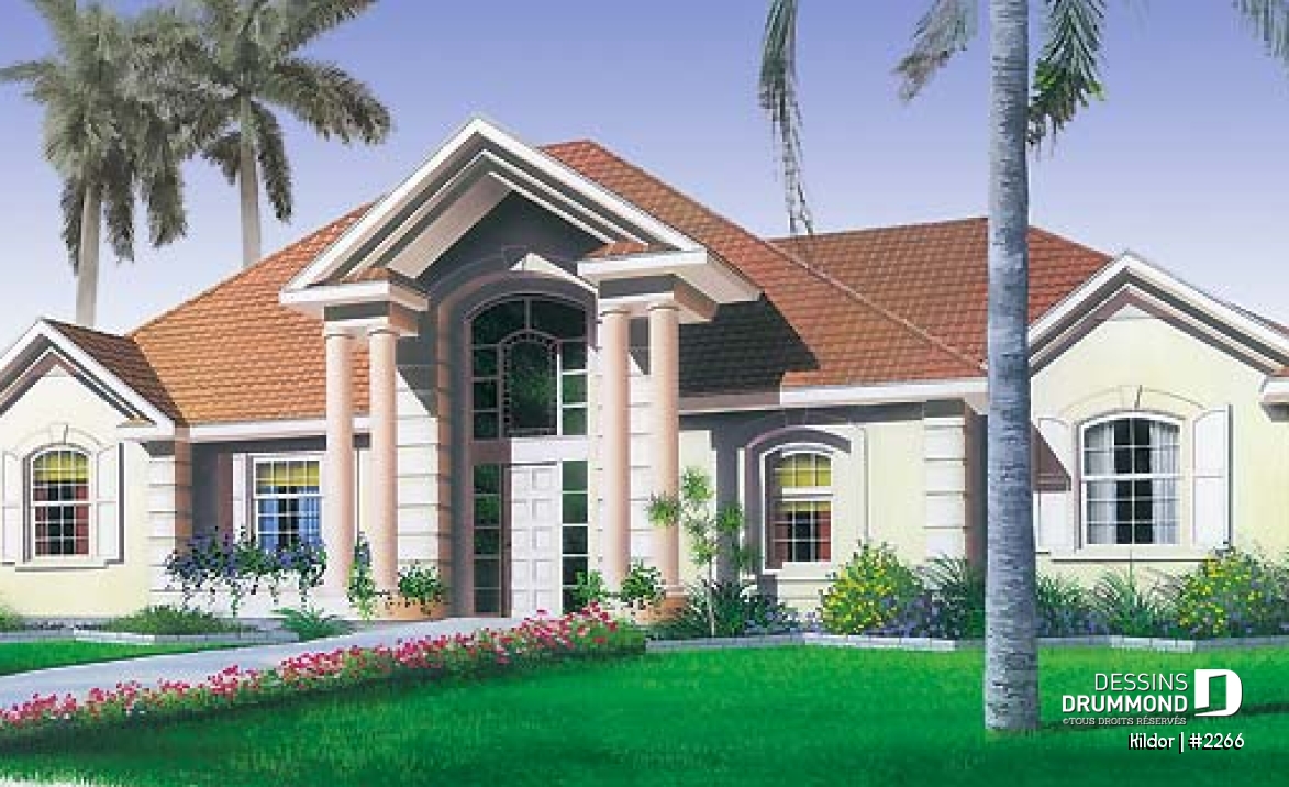 Vue avant - MODÈLE DE BASE - Modèle de plain-pied avec 3 chambres, garage double, à aire ouverte, guanderie, grande chambre des parents - Kildor