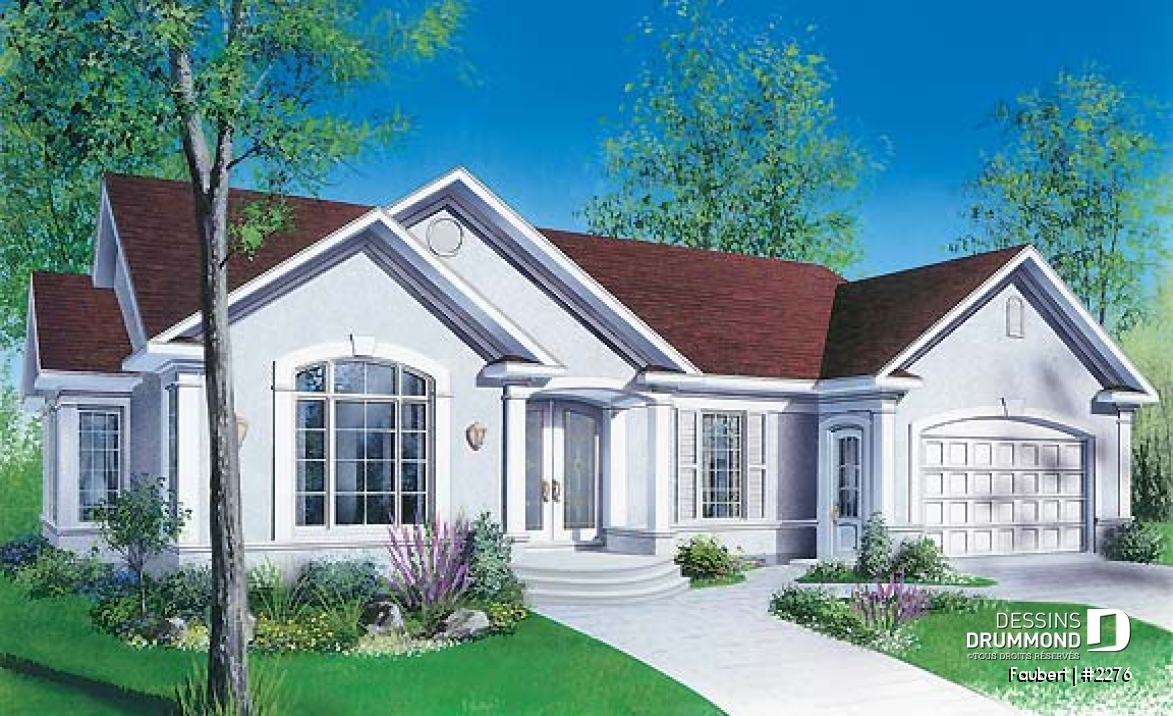 Vue avant - MODÈLE DE BASE - Plan de bungalow confortable, 3 chambres (ou 2 chambres + bureau), garage double - Faubert
