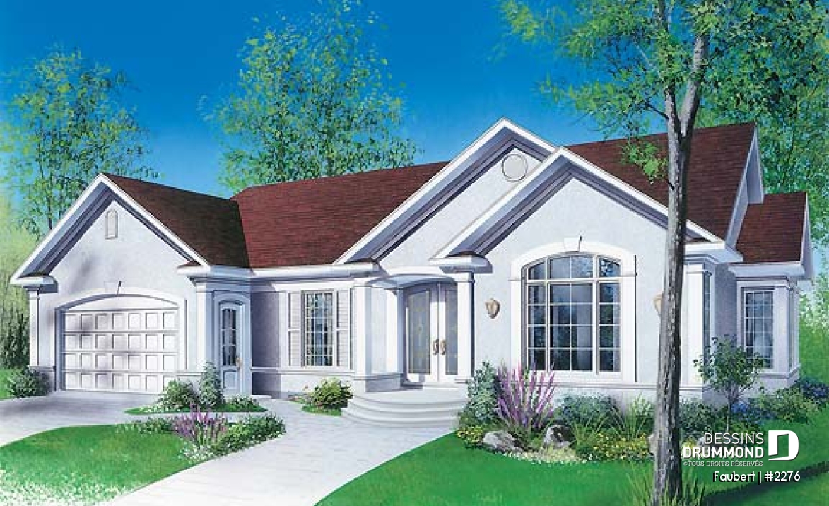 Vue avant - MODÈLE DE BASE - Plan de bungalow confortable, 3 chambres (ou 2 chambres + bureau), garage double - Faubert
