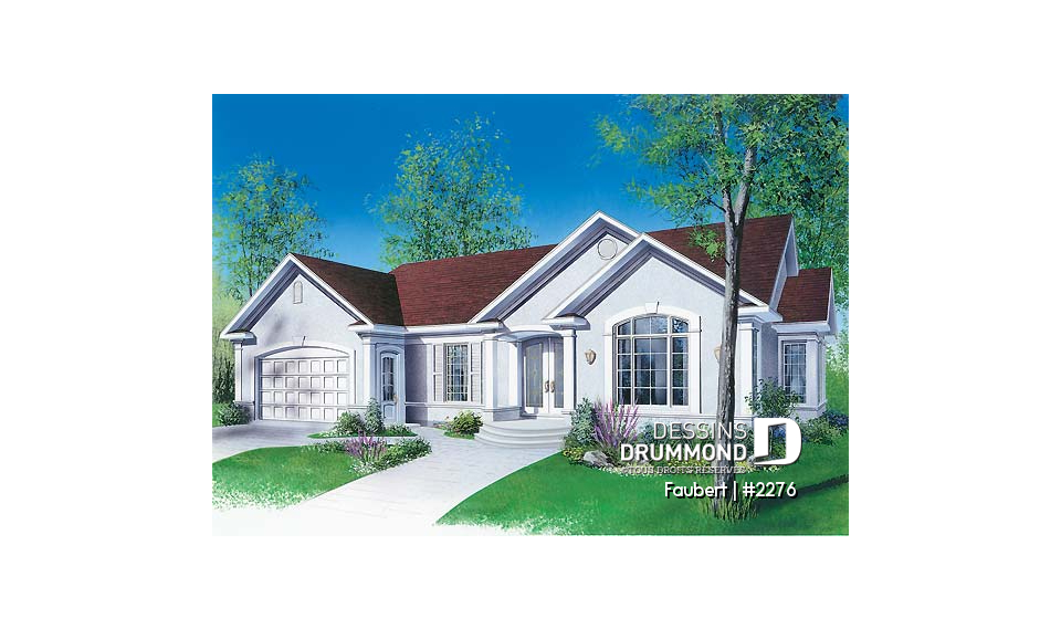 Vue avant - MODÈLE DE BASE - Plan de bungalow confortable, 3 chambres (ou 2 chambres + bureau), garage double - Faubert
