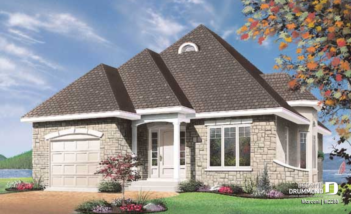 Vue avant - MODÈLE DE BASE - Maison 1 étage, style Européen, 2 chambres, vestibule, garage simple - Marconi