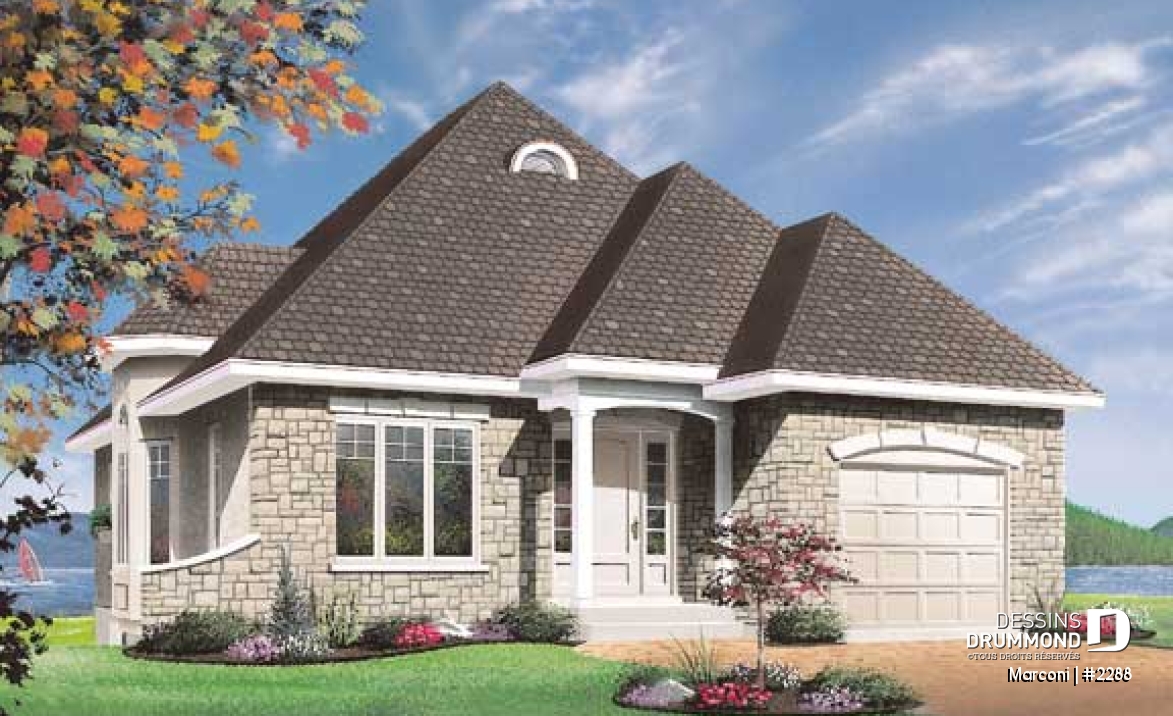 Vue avant - MODÈLE DE BASE - Maison 1 étage, style Européen, 2 chambres, vestibule, garage simple - Marconi