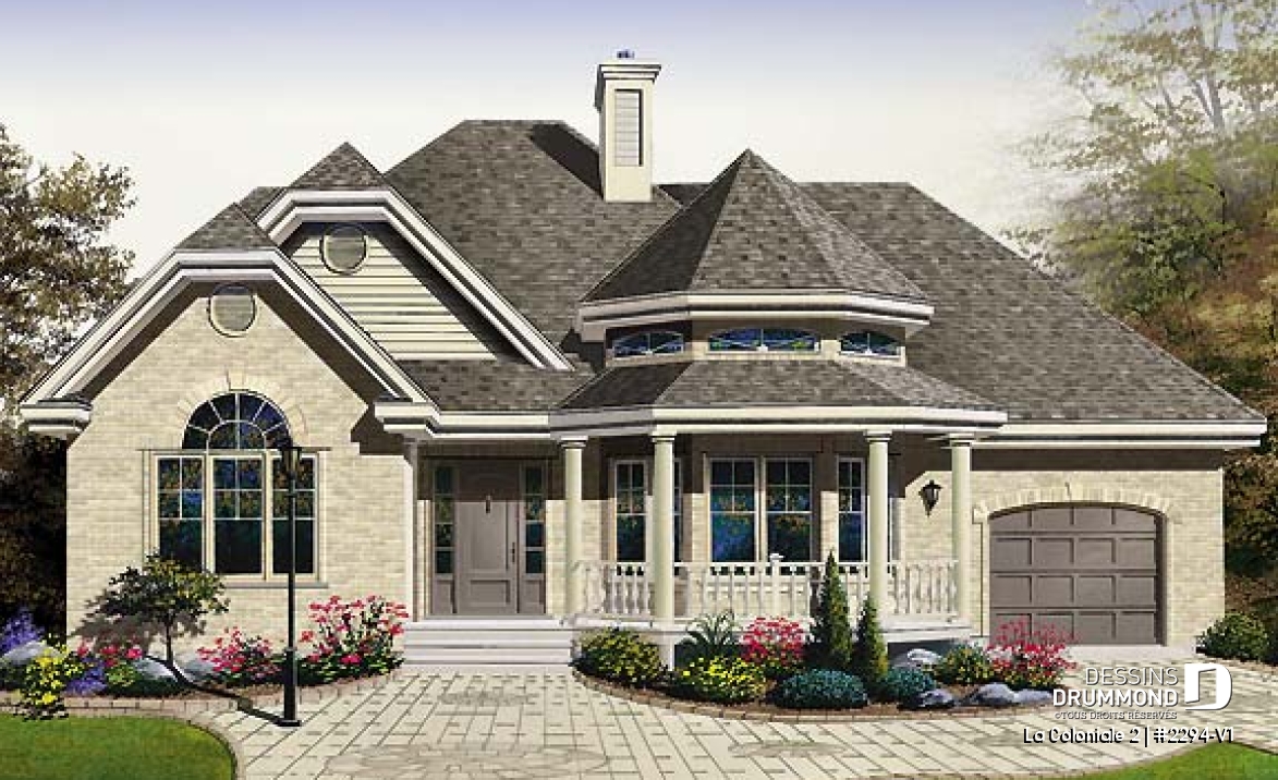 Vue avant - MODÈLE DE BASE - Modèle de maison victorienne, 2 chambres, garage, charmante salle familiale avec foyer - La Coloniale 2