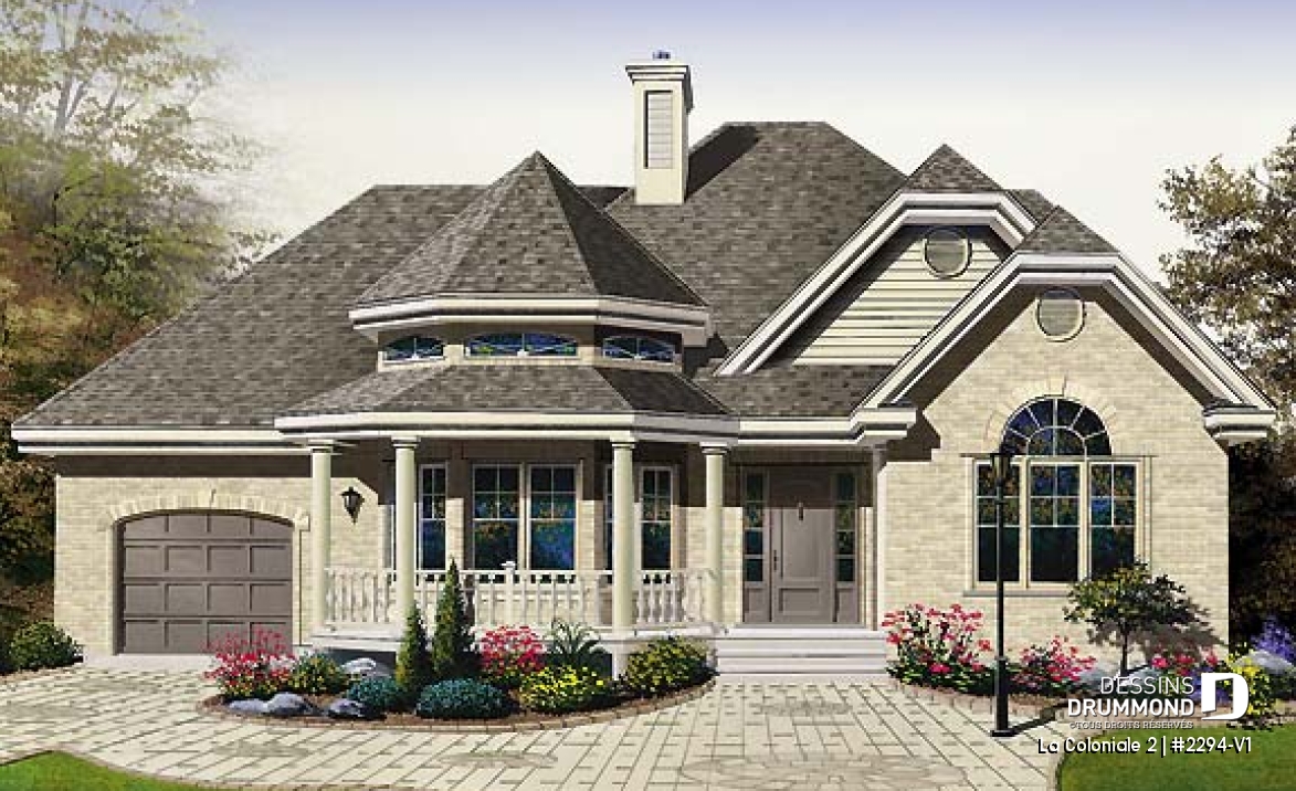 Vue avant - MODÈLE DE BASE - Modèle de maison victorienne, 2 chambres, garage, charmante salle familiale avec foyer - La Coloniale 2