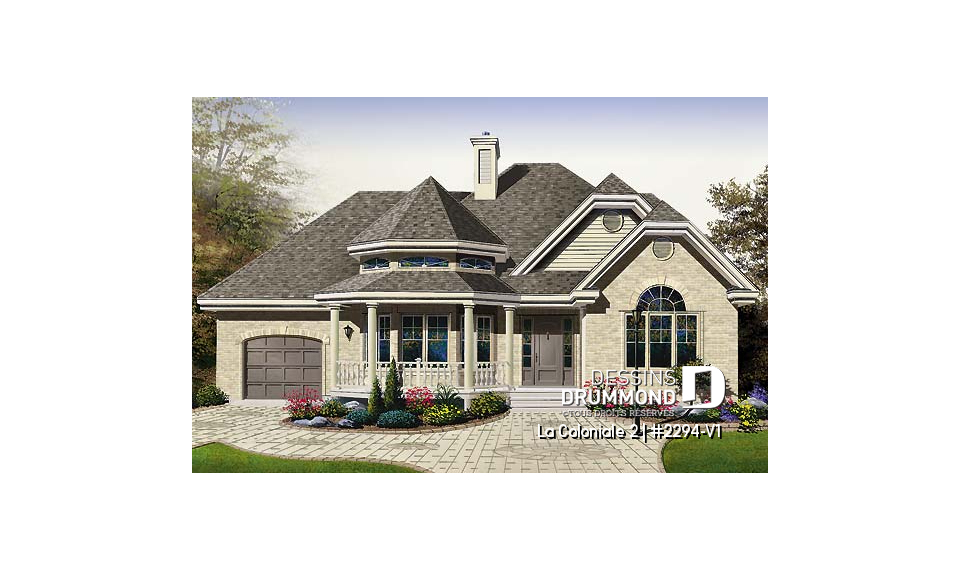 Vue avant - MODÈLE DE BASE - Modèle de maison victorienne, 2 chambres, garage, charmante salle familiale avec foyer - La Coloniale 2