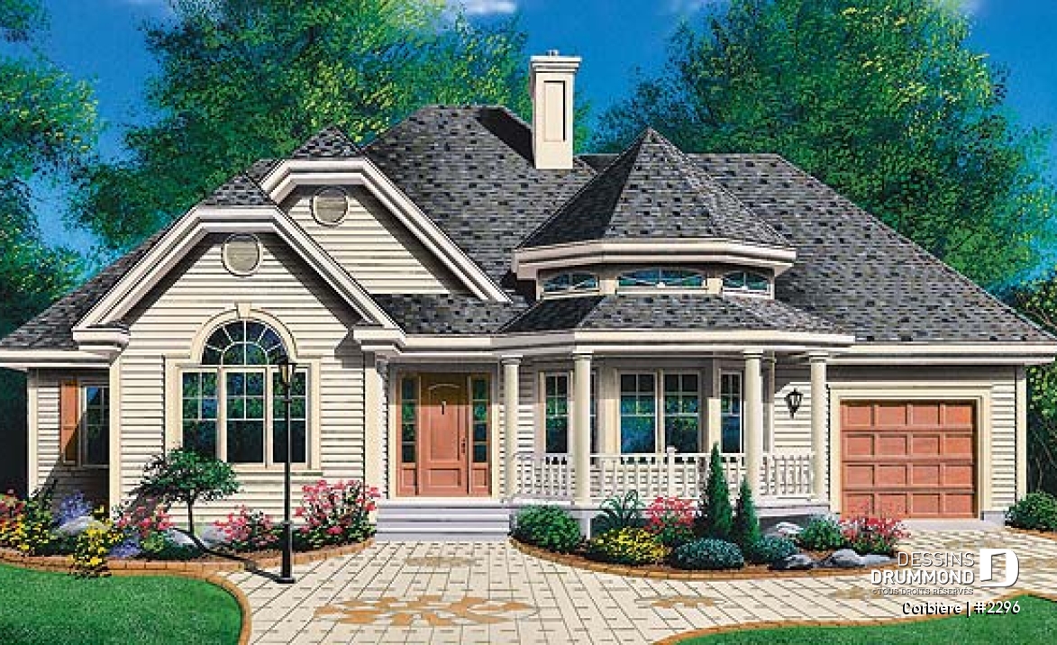 Vue avant - MODÈLE DE BASE - Bungalow offrant 3 chambres, suite des maîtres, foyer au salon et garage - Corbière