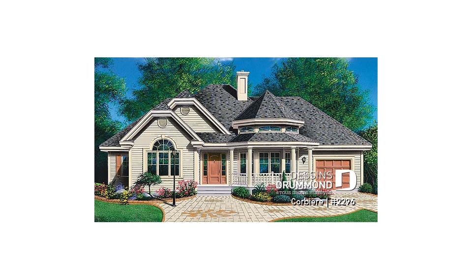 Vue avant - MODÈLE DE BASE - Bungalow offrant 3 chambres, suite des maîtres, foyer au salon et garage - Corbière