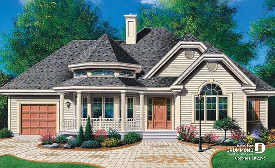 Vue avant - MODÈLE DE BASE - Bungalow offrant 3 chambres, suite des maîtres, foyer au salon et garage - Corbière
