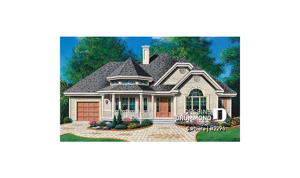 Vue avant - MODÈLE DE BASE - Bungalow offrant 3 chambres, suite des maîtres, foyer au salon et garage - Corbière