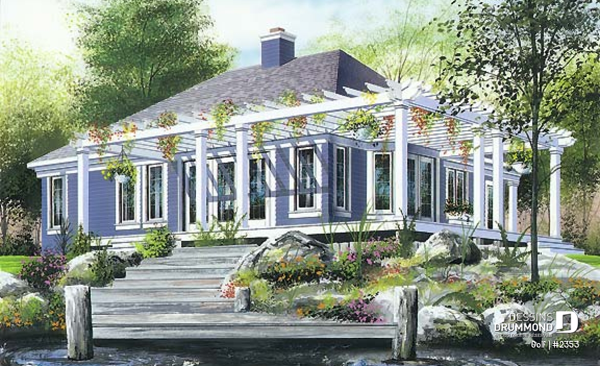 Vue arrière - MODÈLE DE BASE - Plan de bungalow lumineux, foyer central, cuisine avec îlot, pergola - Golf