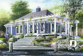Vue arrière - MODÈLE DE BASE - Plan de bungalow lumineux, foyer centralisé, cuisine avec îlot, pergola - Du Golf