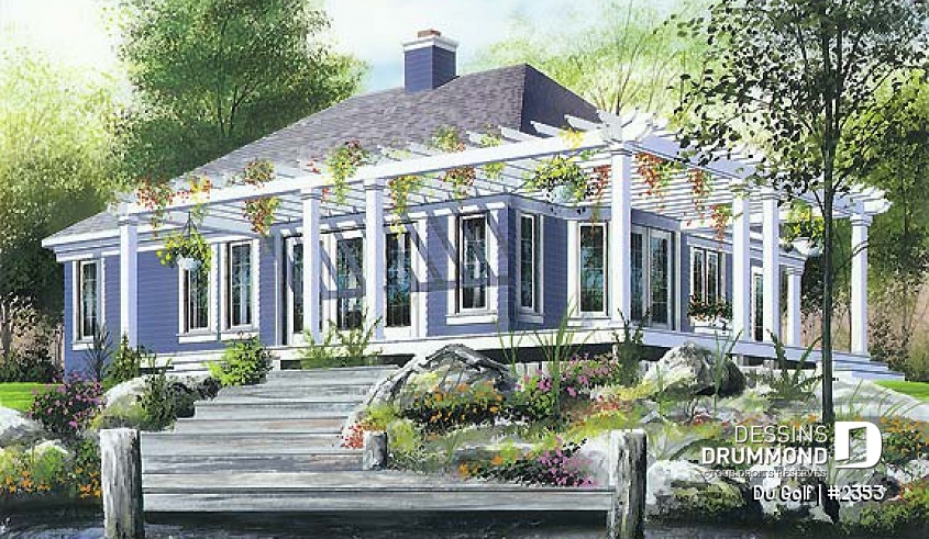 Vue arrière - MODÈLE DE BASE - Plan de bungalow lumineux, foyer central, cuisine avec îlot, pergola - Golf