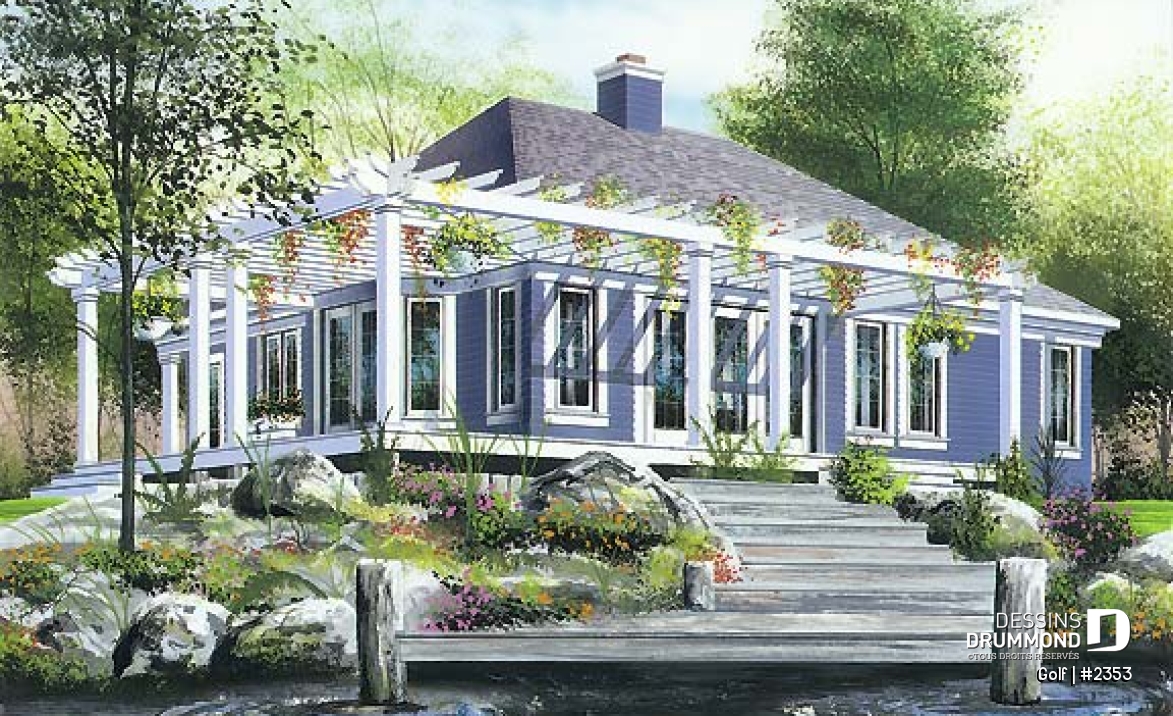 Vue arrière - MODÈLE DE BASE - Plan de bungalow lumineux, foyer central, cuisine avec îlot, pergola - Golf
