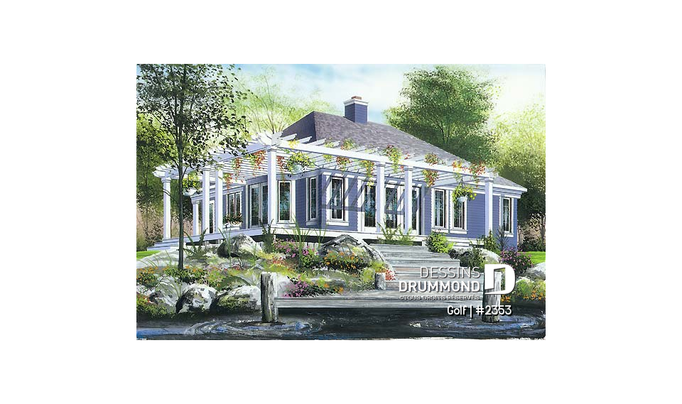 Vue arrière - MODÈLE DE BASE - Plan de bungalow lumineux, foyer central, cuisine avec îlot, pergola - Golf