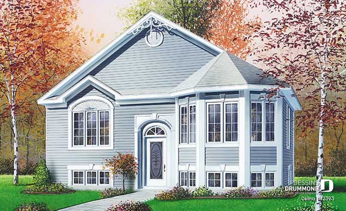 Vue avant - MODÈLE DE BASE - Plan de maison abordable, 2 chambres, à entrée split, îlot à la cuisine - Célina