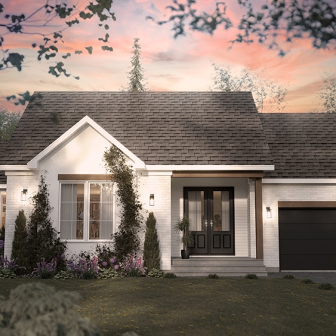 Vue avant - MODÈLE DE BASE - Plain-pied Farmhouse Moderne avec Terrasse Abritée, Garage et Sous-Sol Évolutif - Somerset