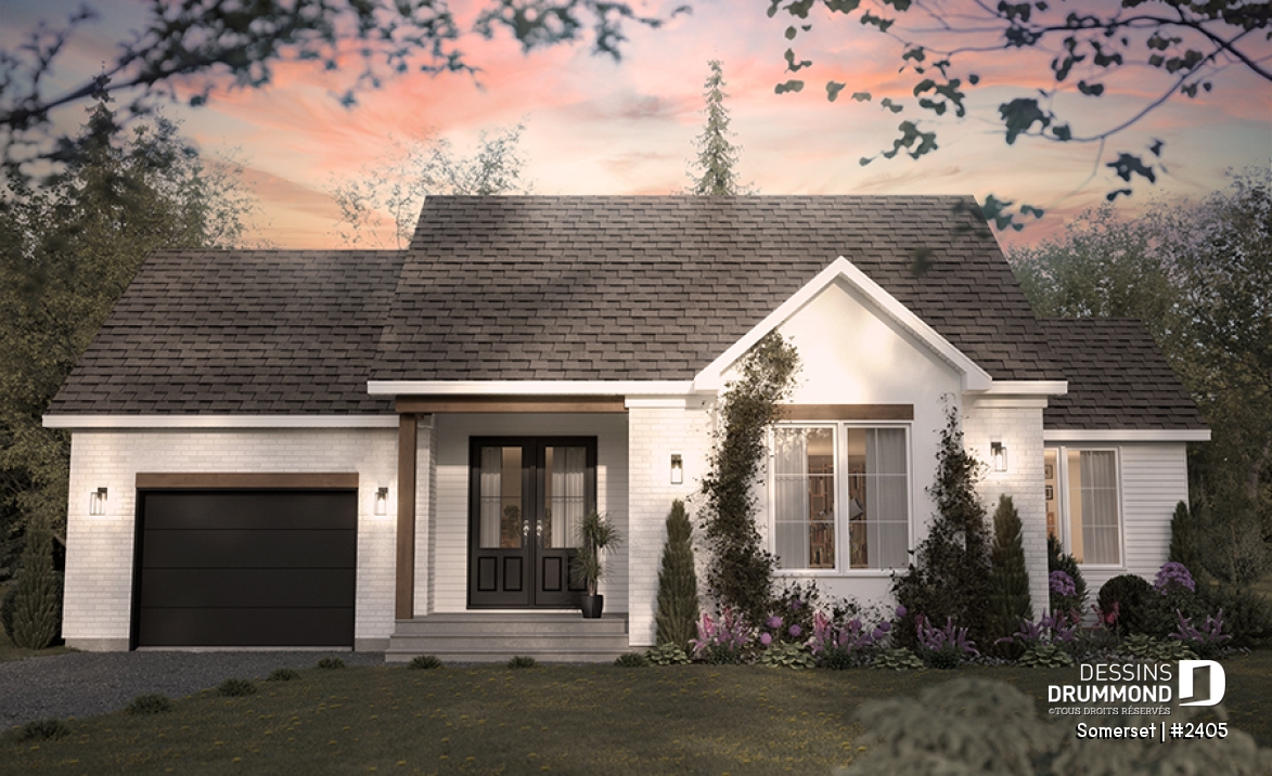 Vue avant - MODÈLE DE BASE - Plain-pied Farmhouse Moderne avec Terrasse Abritée, Garage et Sous-Sol Évolutif - Somerset