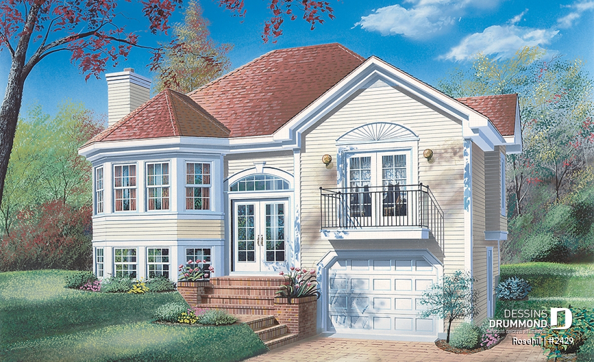 Vue avant - MODÈLE DE BASE - Split-level, 2 chambres, garage, balcon privé à la suite des maîtres, buanderie complète, foyer - Rosehill