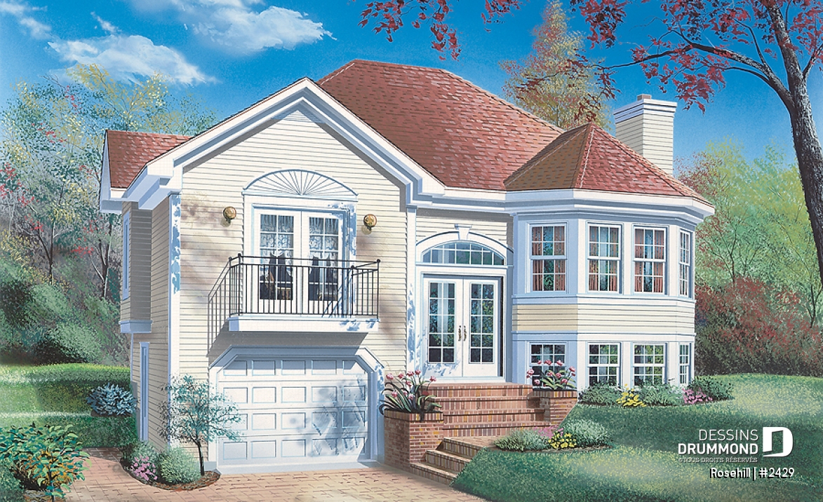 Vue avant - MODÈLE DE BASE - Split-level, 2 chambres, garage, balcon privé à la suite des maîtres, buanderie complète, foyer - Rosehill
