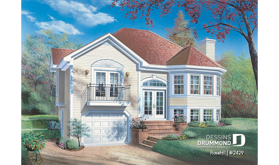 Vue avant - MODÈLE DE BASE - Split-level, 2 chambres, garage, balcon privé à la suite des maîtres, buanderie complète, foyer - Rosehill