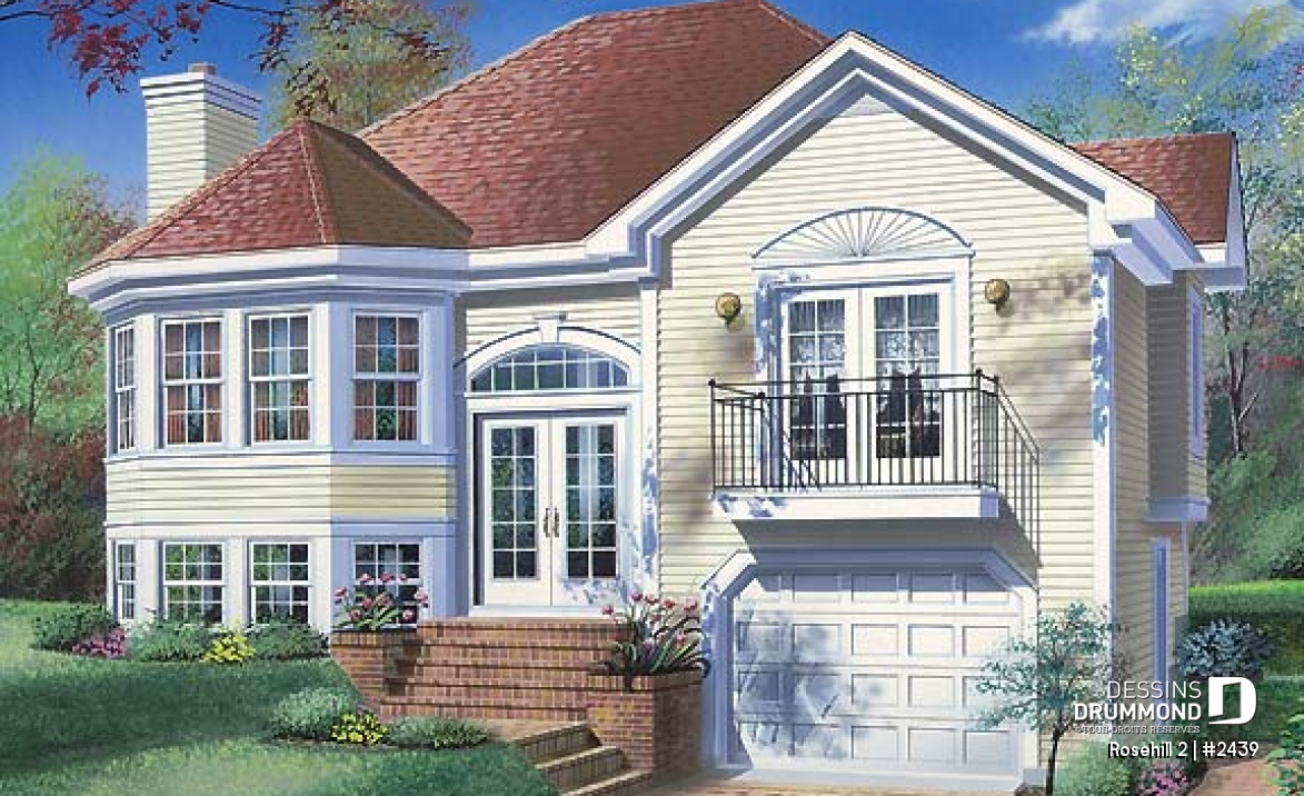 Vue avant - MODÈLE DE BASE - Plan de split-level, 3 chambres, belle salle familiale avec foyer, sous-sol à aménager - Rosehill 2