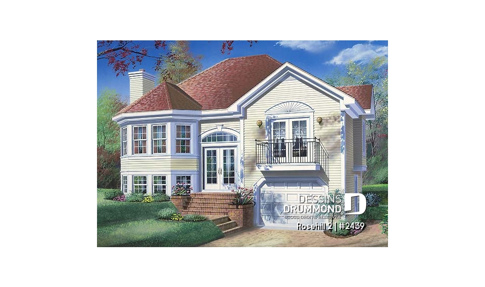 Vue avant - MODÈLE DE BASE - Plan de split-level, 3 chambres, belle salle familiale avec foyer, sous-sol à aménager - Rosehill 2