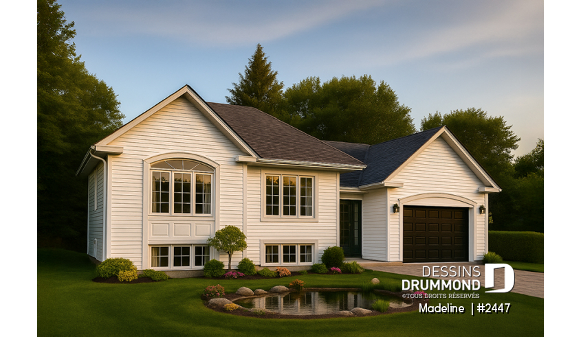 Vue avant - MODÈLE DE BASE - Plan de maison à entrée split, économique, garage avec rangement, 2 à 4 chambres, s-sol aménagé optionnel ($) - Madeline 