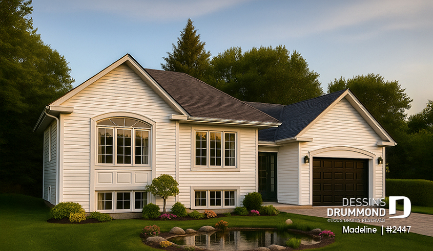 Vue avant - MODÈLE DE BASE - Plan de maison à entrée split, économique, garage avec rangement, 2 à 4 chambres, s-sol aménagé optionnel ($) - Madeline 