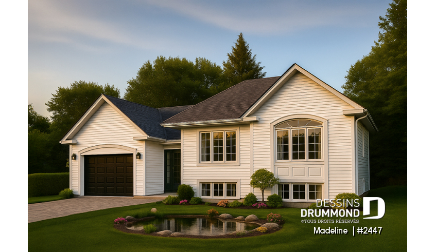 Vue avant - MODÈLE DE BASE - Plan de maison à entrée split, économique, garage avec rangement, 2 à 4 chambres, s-sol aménagé optionnel ($) - Madeline 