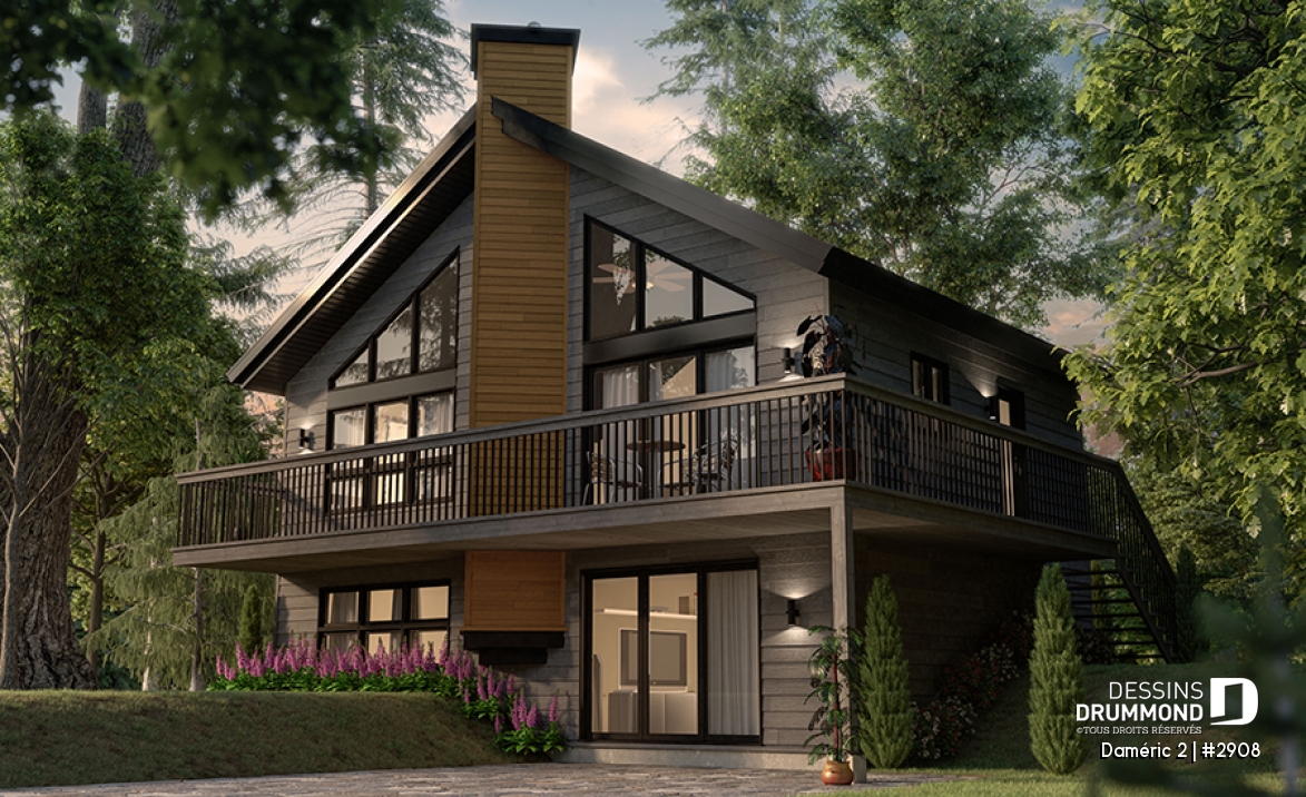 Vue avant - MODÈLE DE BASE - Plan de chalet de ski avec plafond cathédral, 3-4 chambres, foyer, grande terrasse et rangement - Daméric 2