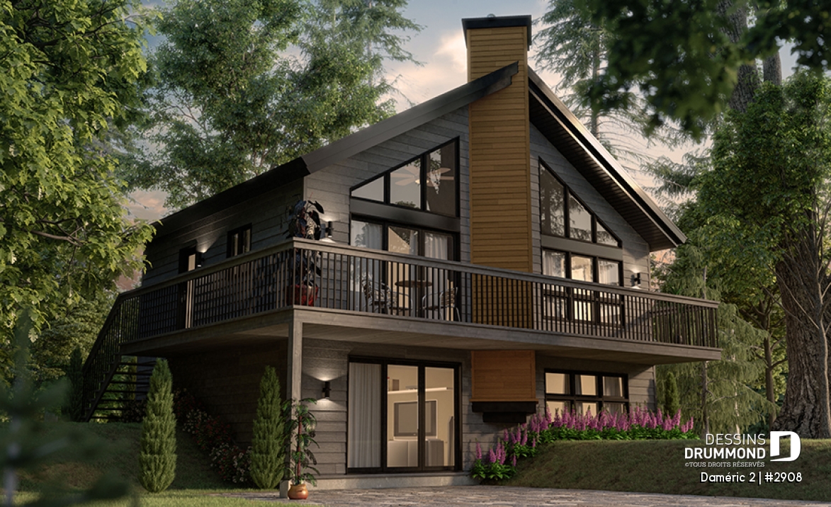 Vue avant - MODÈLE DE BASE - Plan de chalet de ski avec plafond cathédral, 3-4 chambres, foyer, grande terrasse et rangement - Daméric 2