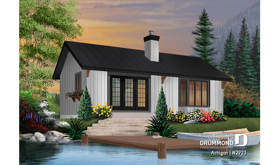 Vue arrière - MODÈLE DE BASE - Plan pour camp de pêche ou chasse 2 chambres, micro chalet micro maison économique, 8 personnes - Achigan