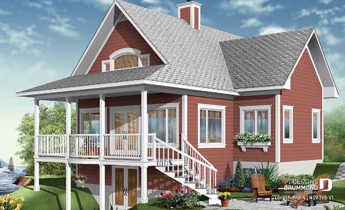 Vue arrière - MODÈLE DE BASE - Plan de chalet à la montagne ou ski, 1 à 4 chambres, séjour au sous-sol, cathédral, belle fenestration - Longchamp 4
