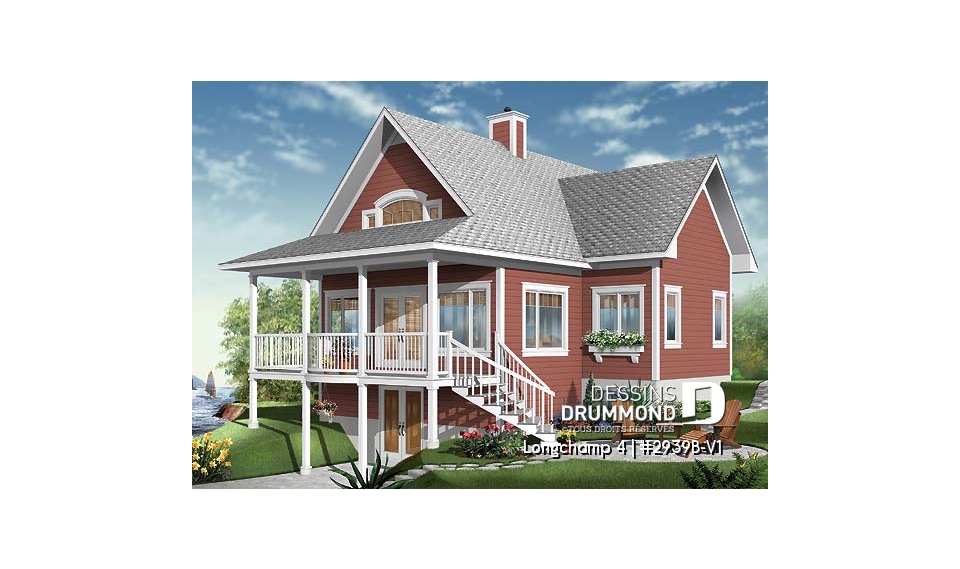 Vue arrière - MODÈLE DE BASE - Plan de chalet à la montagne ou ski, 1 à 4 chambres, séjour au sous-sol, cathédral, belle fenestration - Longchamp 4